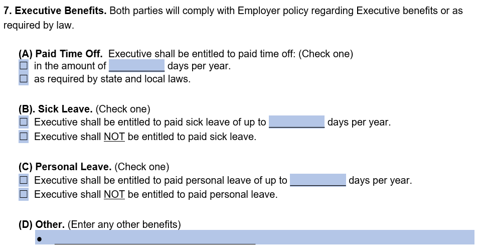 An example of where to include executive benefits in our employment agreement template.