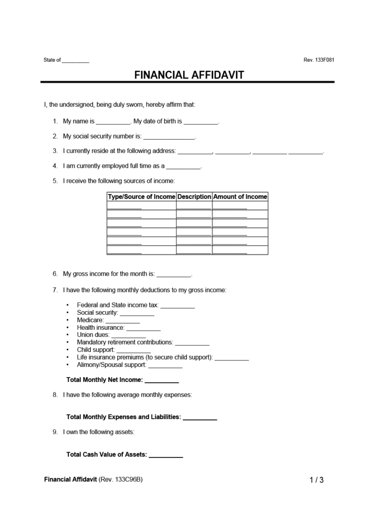 Free Financial Affidavit Form PDF Word
