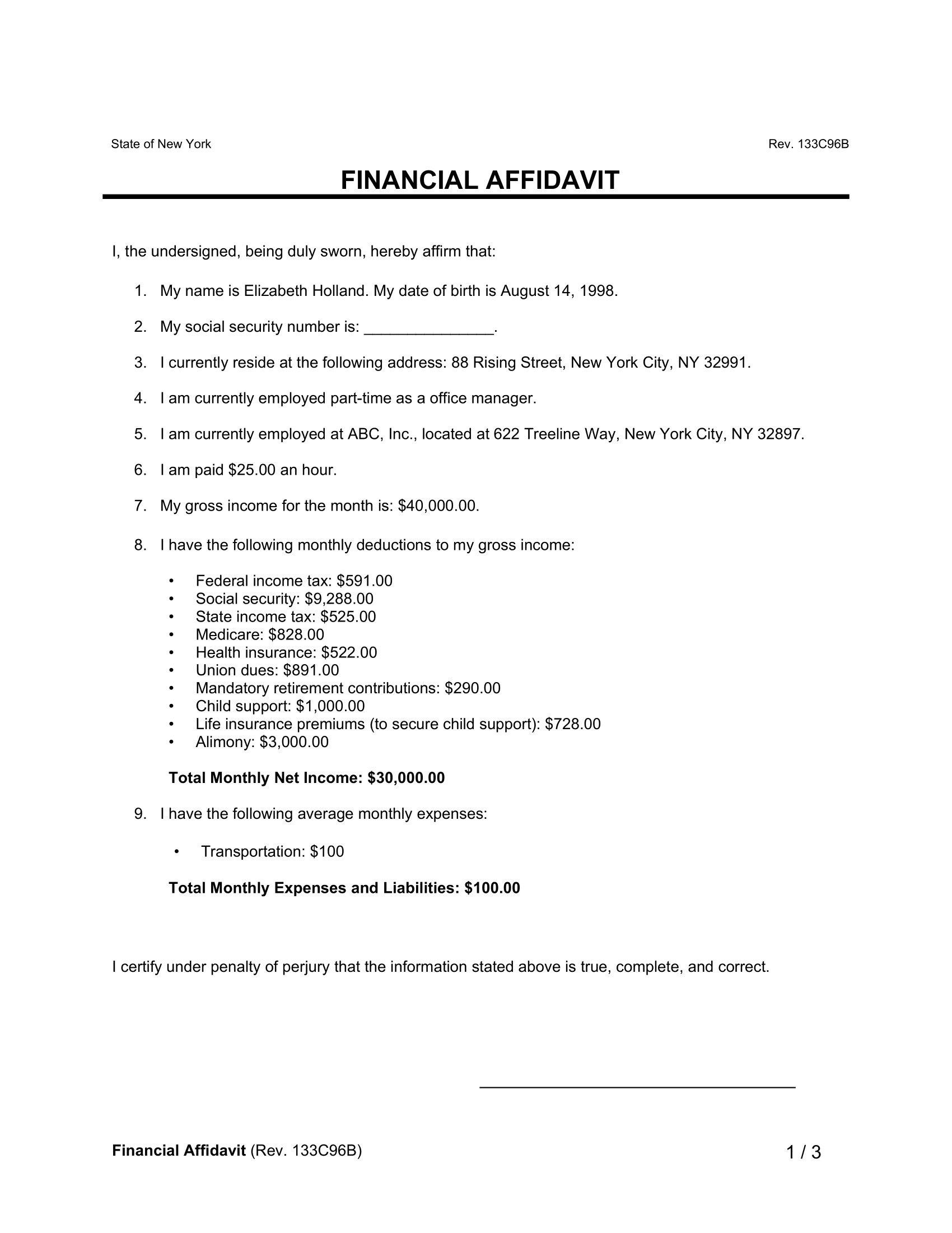 financial affidavit template
