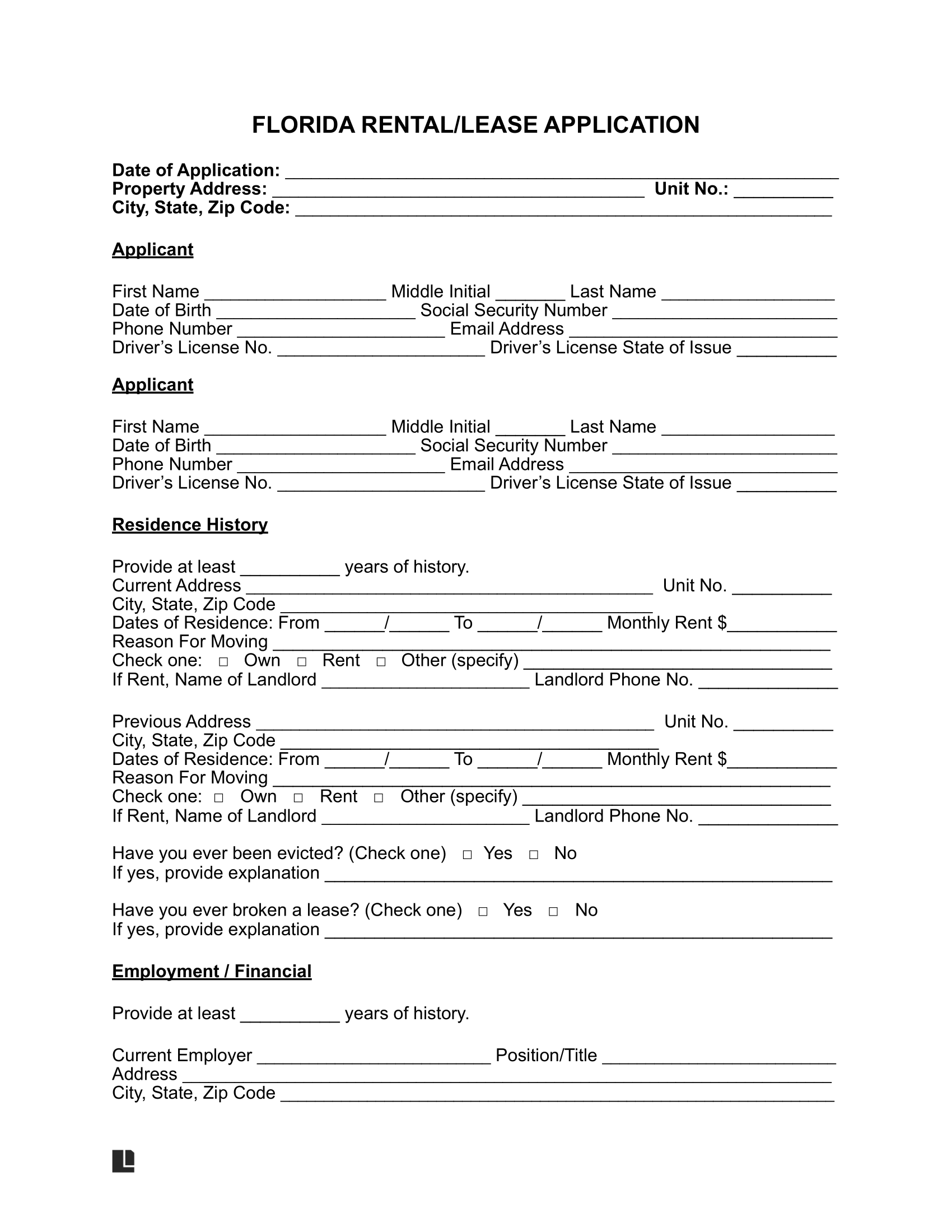 Free Florida Rental Application Form Pdf And Word Download 9286