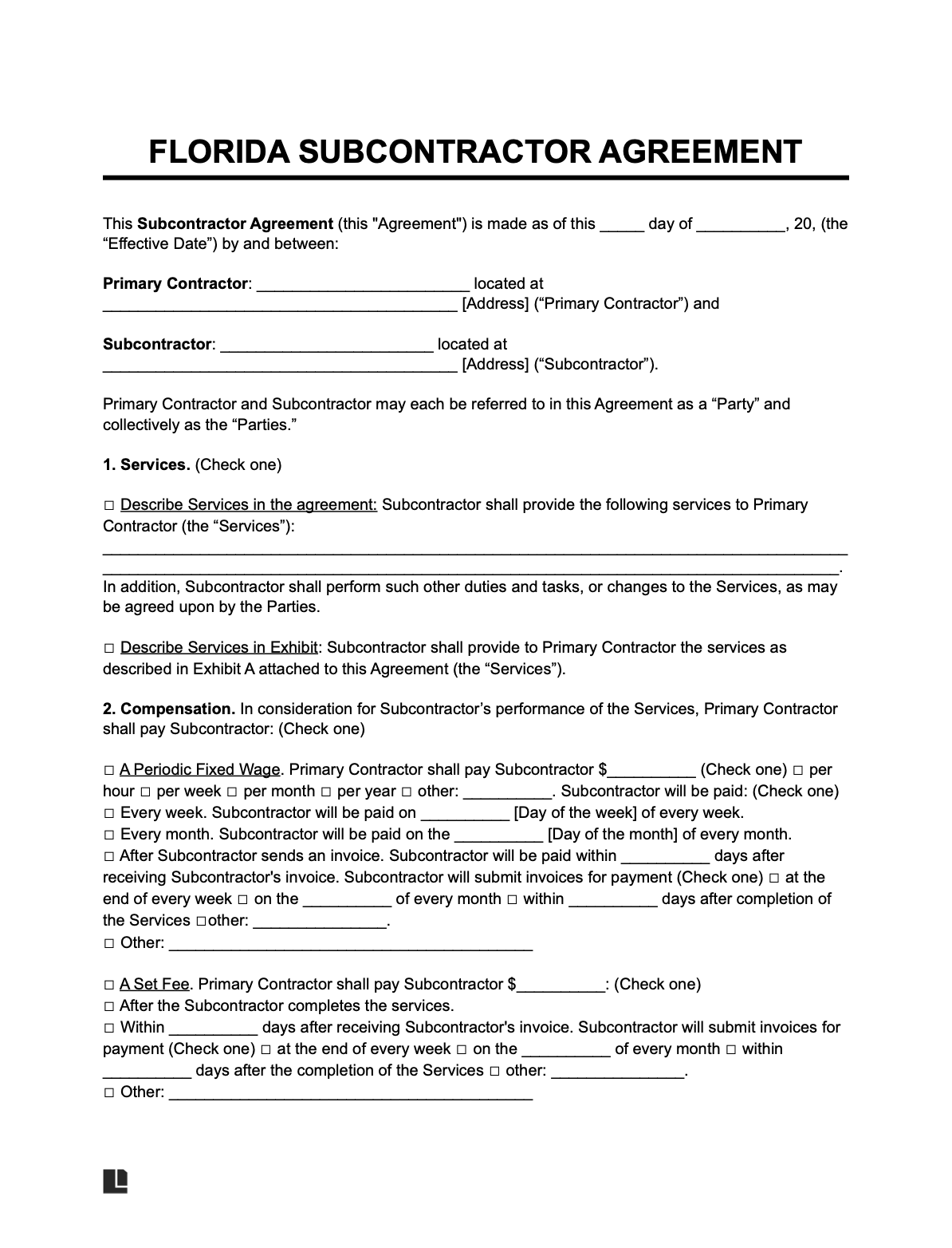 florida subcontractor agreement template