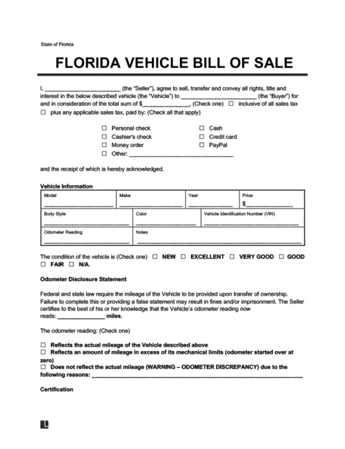 florida vehicle bill of sale