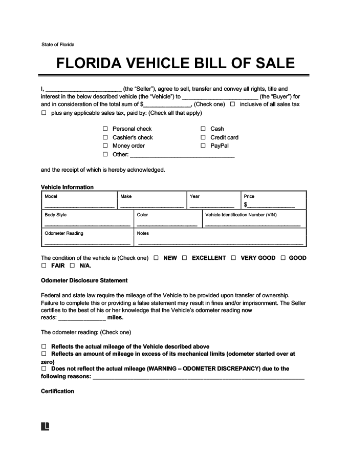 Free Florida Motor Vehicle Bill Of Sale Form PDF Word