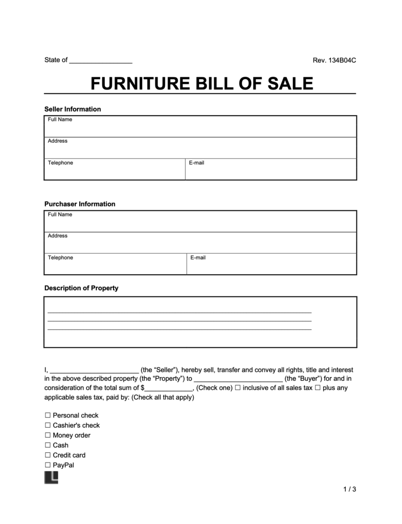 furniture bill of sale sample