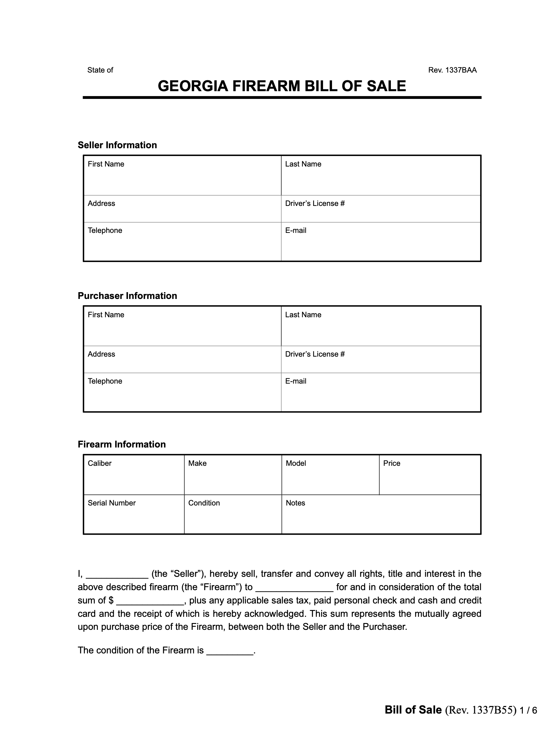 Georgia Firearm Bill Of Sale Form Legal Templates