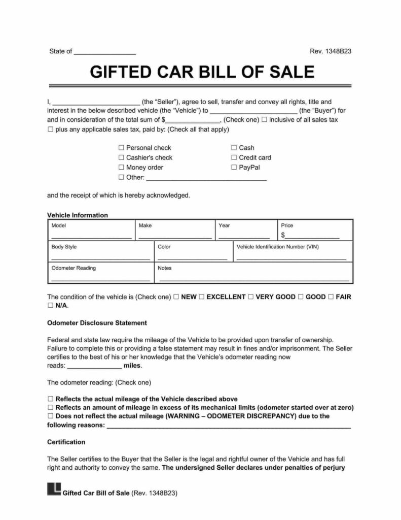 Free Gifted Car Bill of Sale Template PDF Word