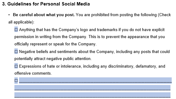 An example of where to include details about personal social media use in our template.