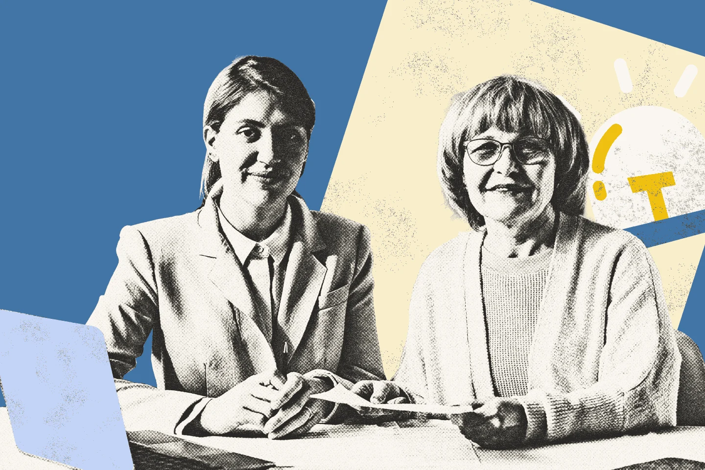 Middle aged woman and elderly woman sitting at a table holding a document