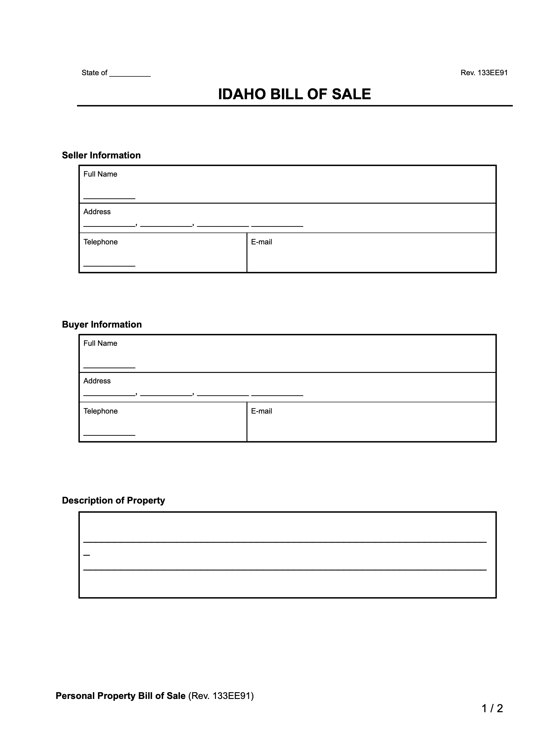 Free Idaho Bill Of Sale Forms Printable PDF Word