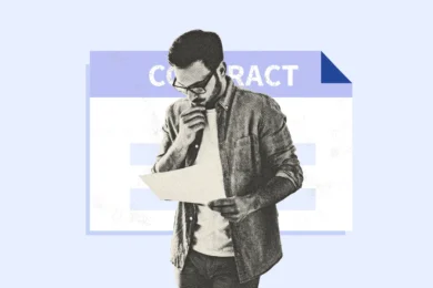 Man thinking whilst holding a document against a blue background