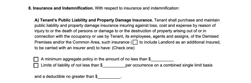 insurance and indemnification section in a commercial lease agreement