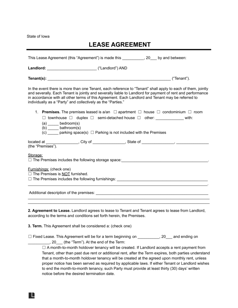 iowa rental lease agreement template
