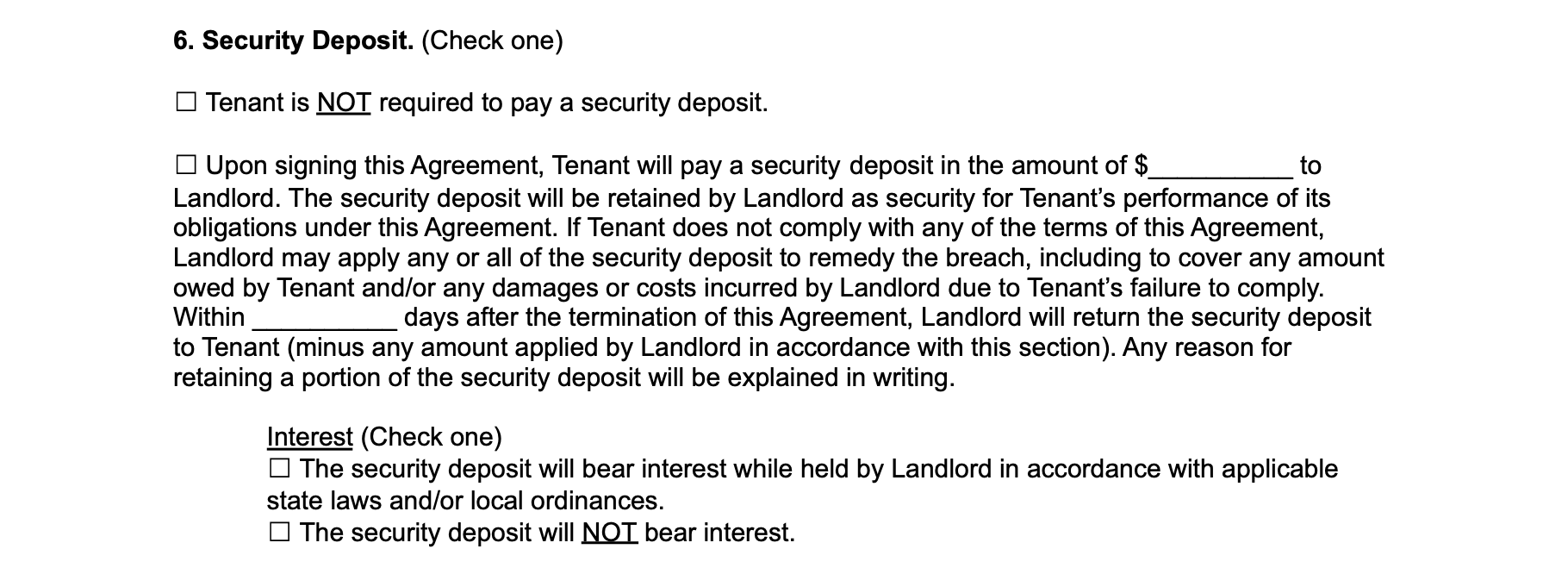 land lease agreement security deposit