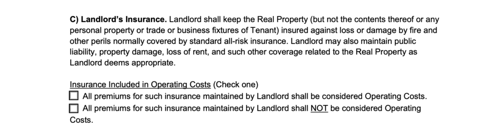 landlords insurance section in a commercial lease agreement