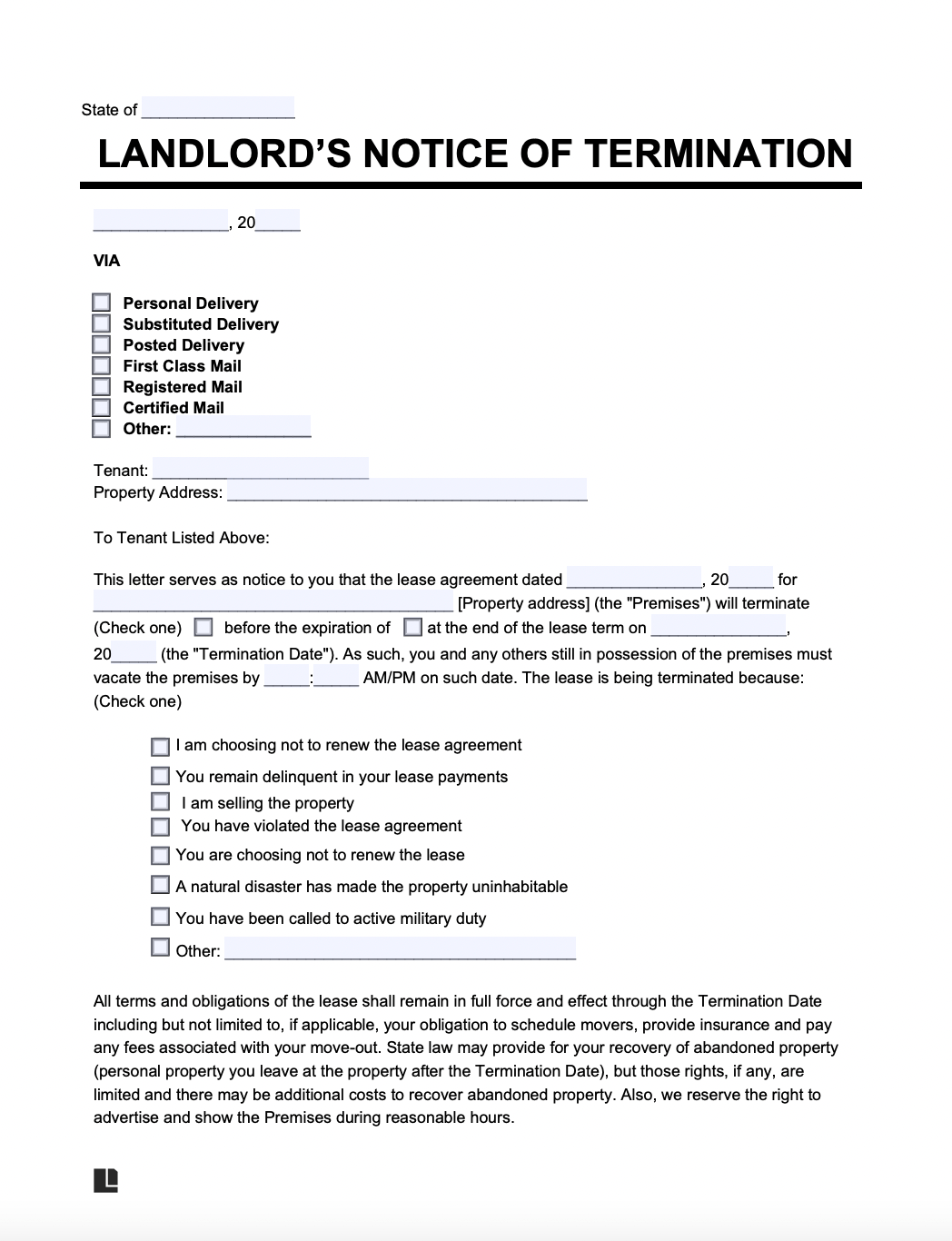 Free Lease Termination Letter 30 Day Notice PDF Word