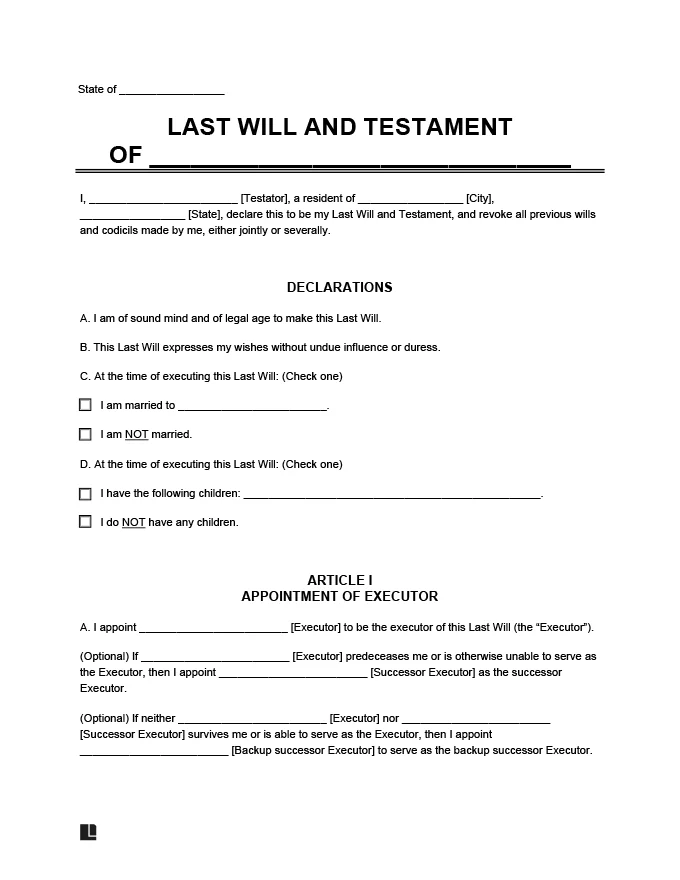 Sample Last Will and Testament form with blank fields for state, testator, marital status, children, and appointment of executor.