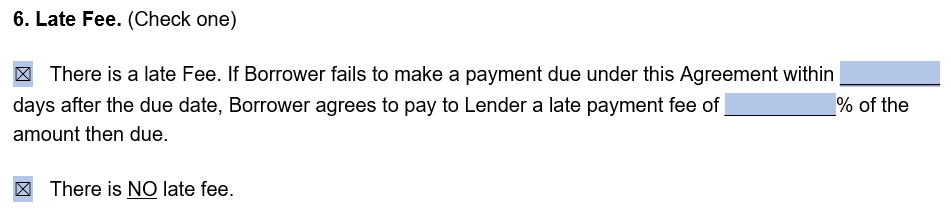 An example of where to include late payment fees in a business loan agreement