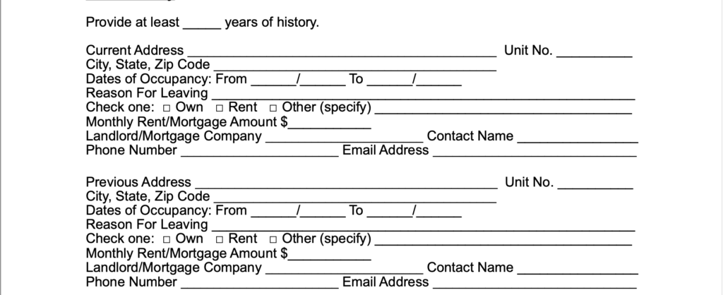lease history for for commercial rental application