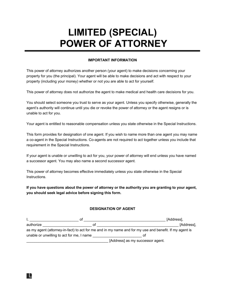 Free Limited (Special) Power of Attorney Form | PDF & Word