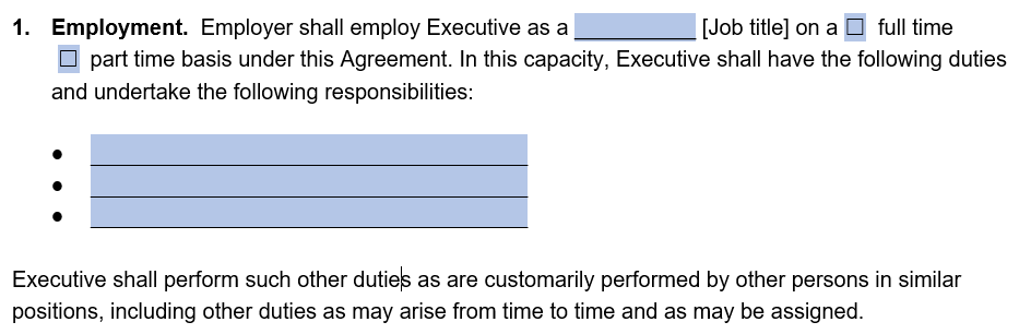 An example of where to include a list of responsibilities in our executive employment agreement template