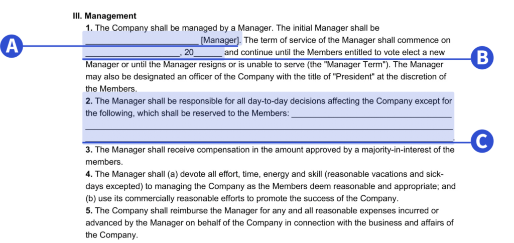llc operating agreement management details