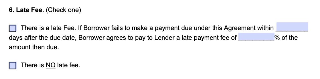An example of where to include late payment fees in a loan agreement