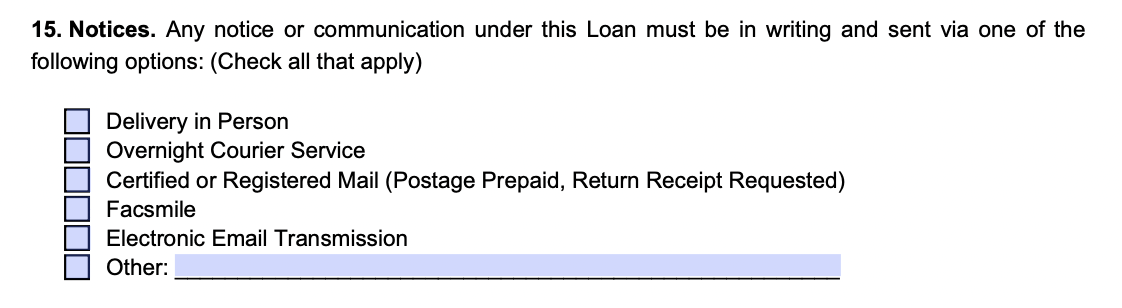An example of where to include communication preferences in our loan agreement template