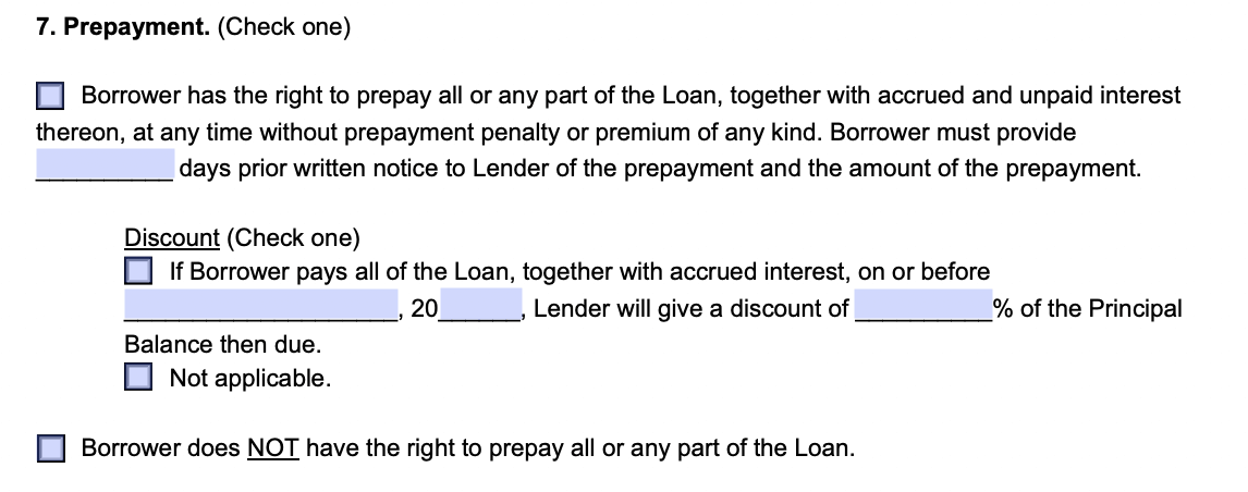 An example of where to include prepayment information in our loan agreement template
