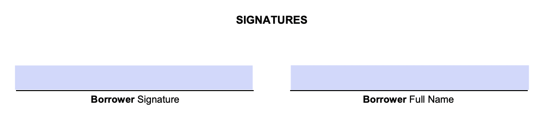 An example of where to sign in our loan agreement template