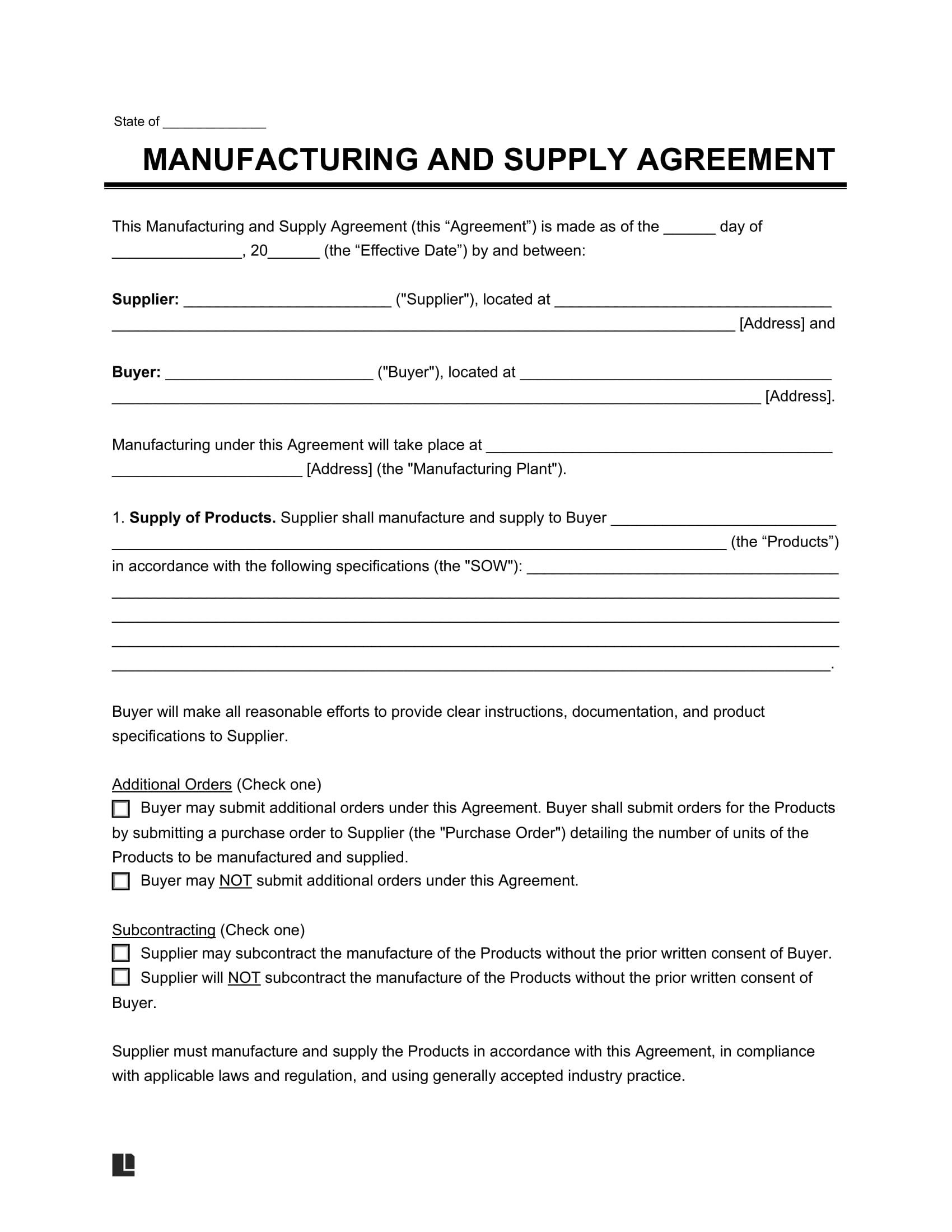 Free Manufacturing & Supply Agreement Form PDF & Word