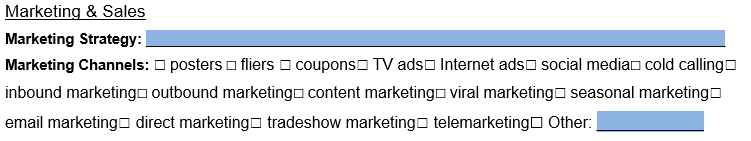 An example of where to include information about marketing and sales in our one-page business plan template.