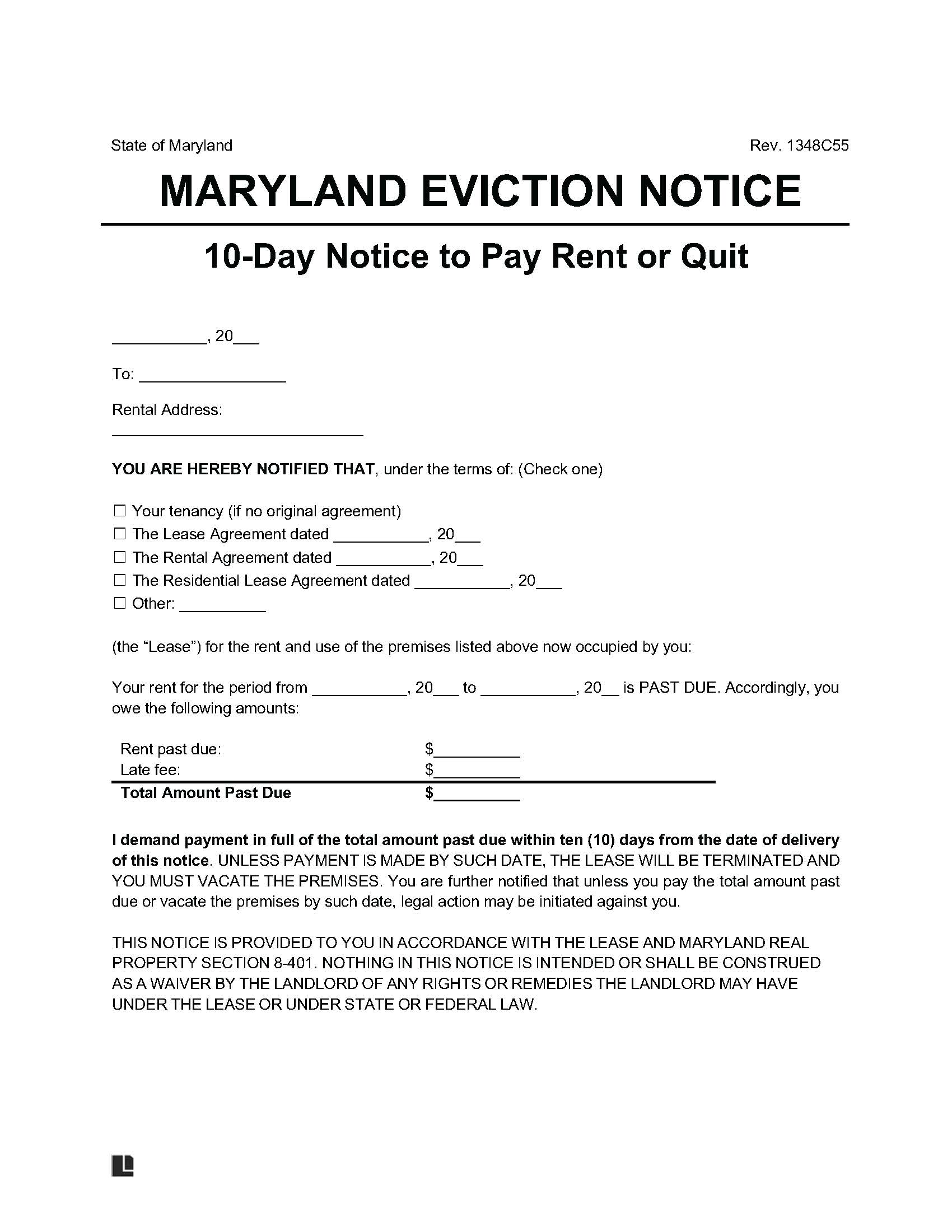maryland 10 day notice to pay rent or quit