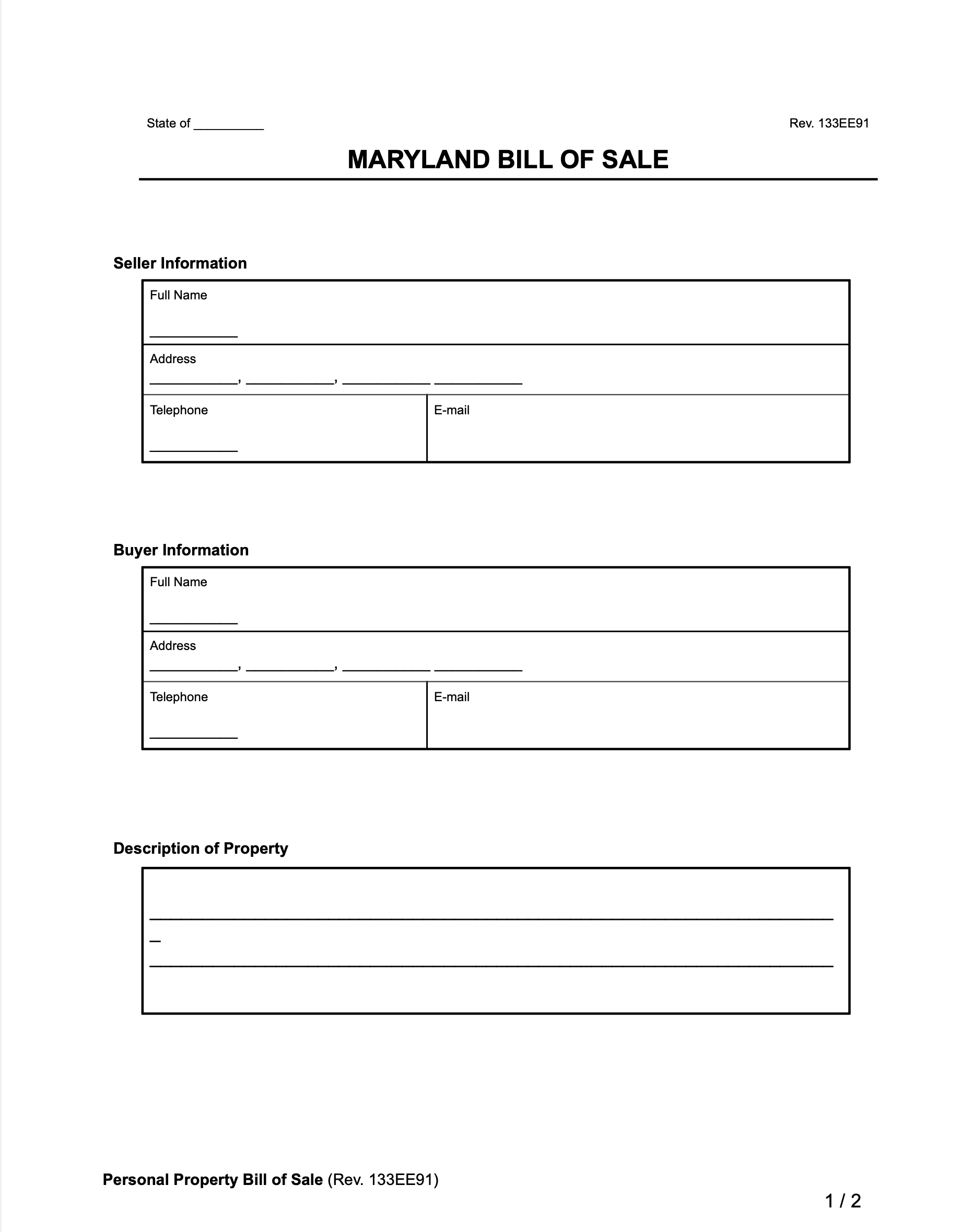 Maryland bill of sale form