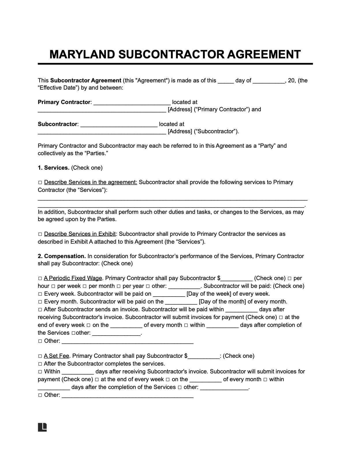 maryland subcontractor agreement template