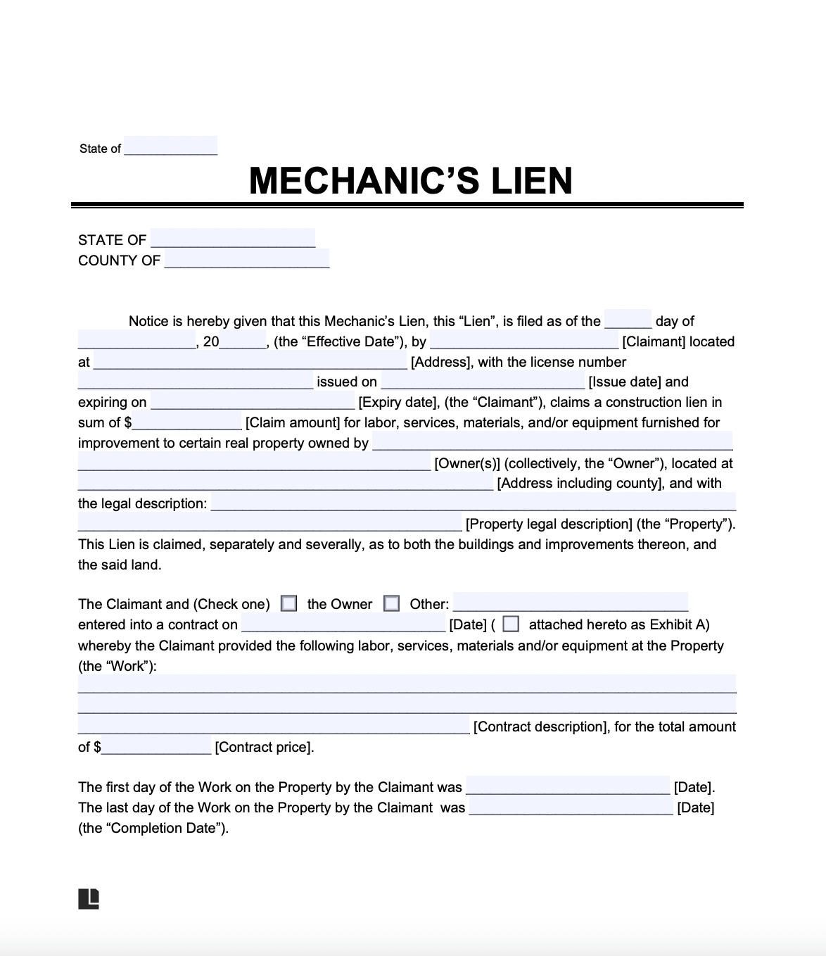 Free Mechanic's Lien Template 2023 PDF & Word Legal Templates