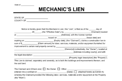 Sample of a mechanic's lien template