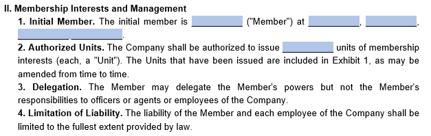 An example of where to outline member and management details in our single-member LLC template.