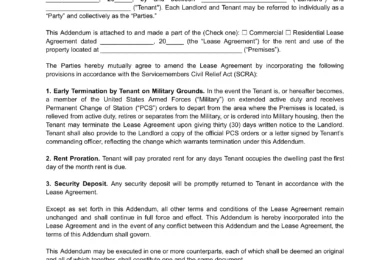Military Lease Agreement Addendum Template