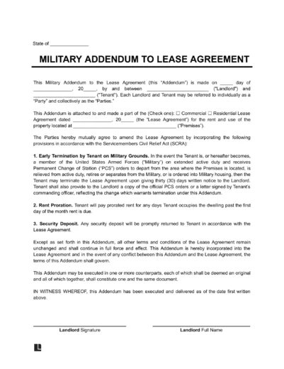 Military Lease Agreement Addendum Template