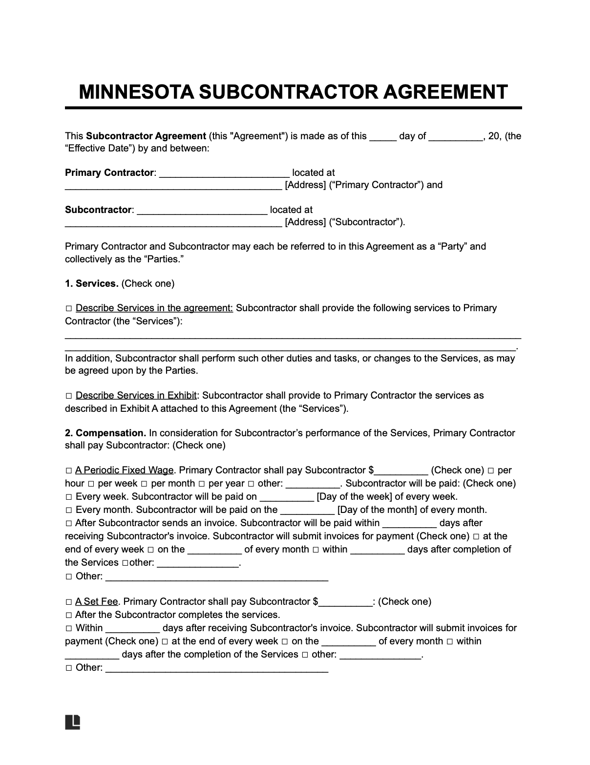 minnesota subcontractor agreement template