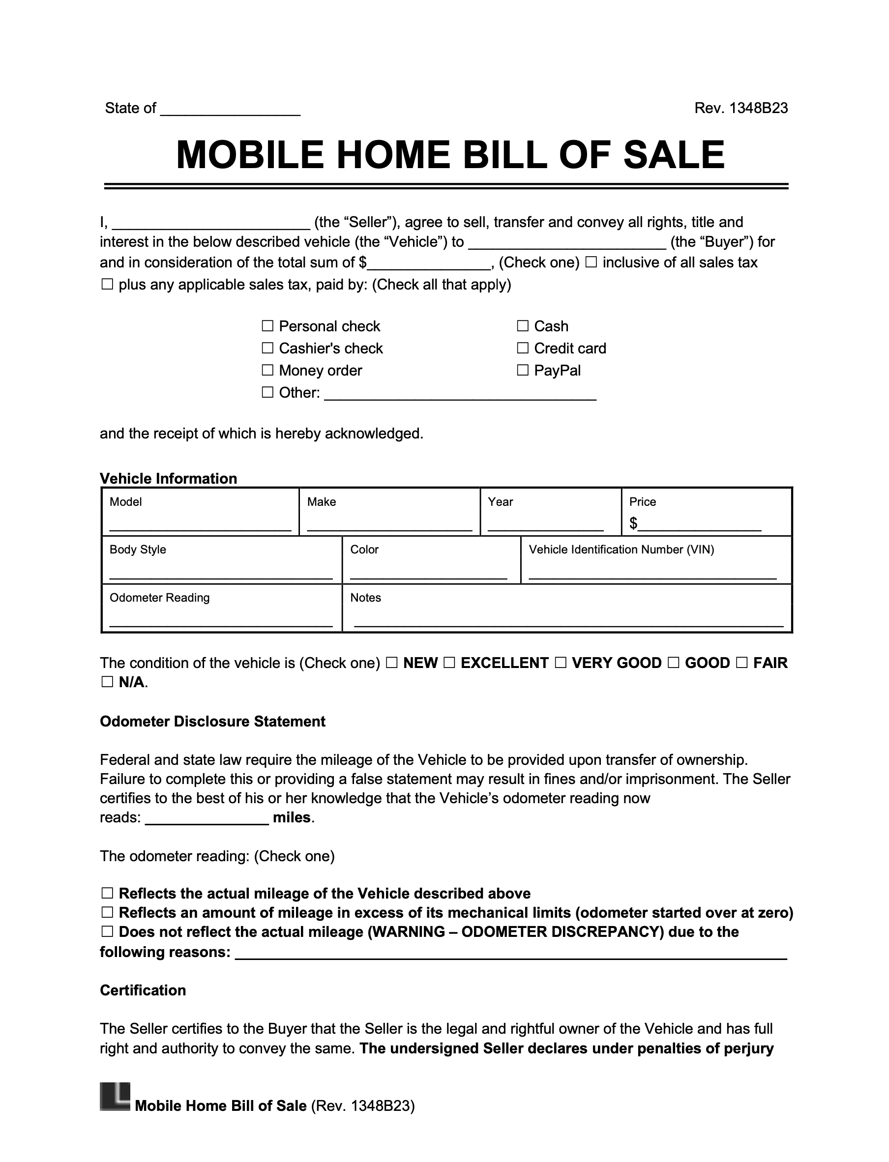 Free Mobile (Manufactured) Home Bill of Sale Form Legal Templates