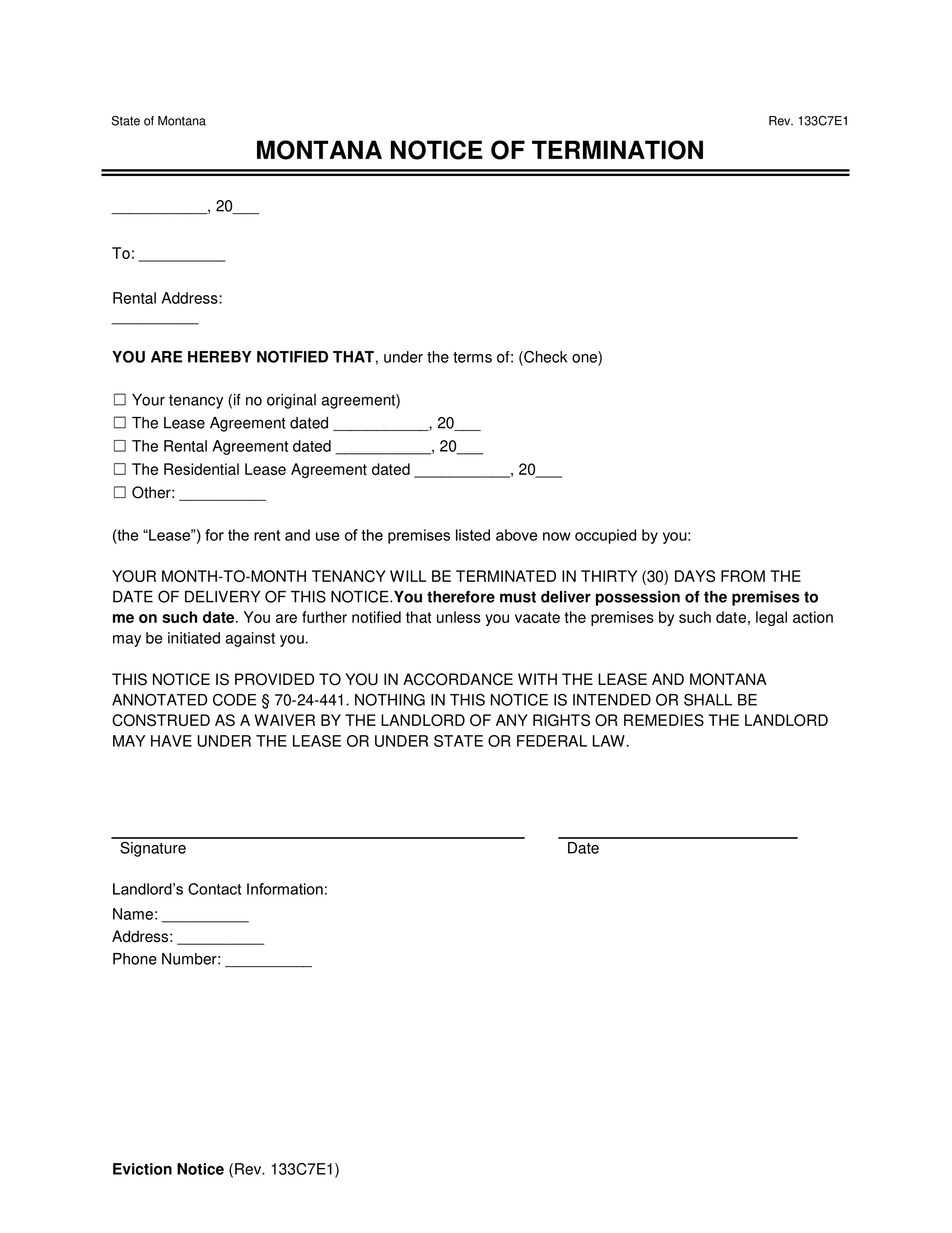 Montana 30-Day Lease Termination Letter
