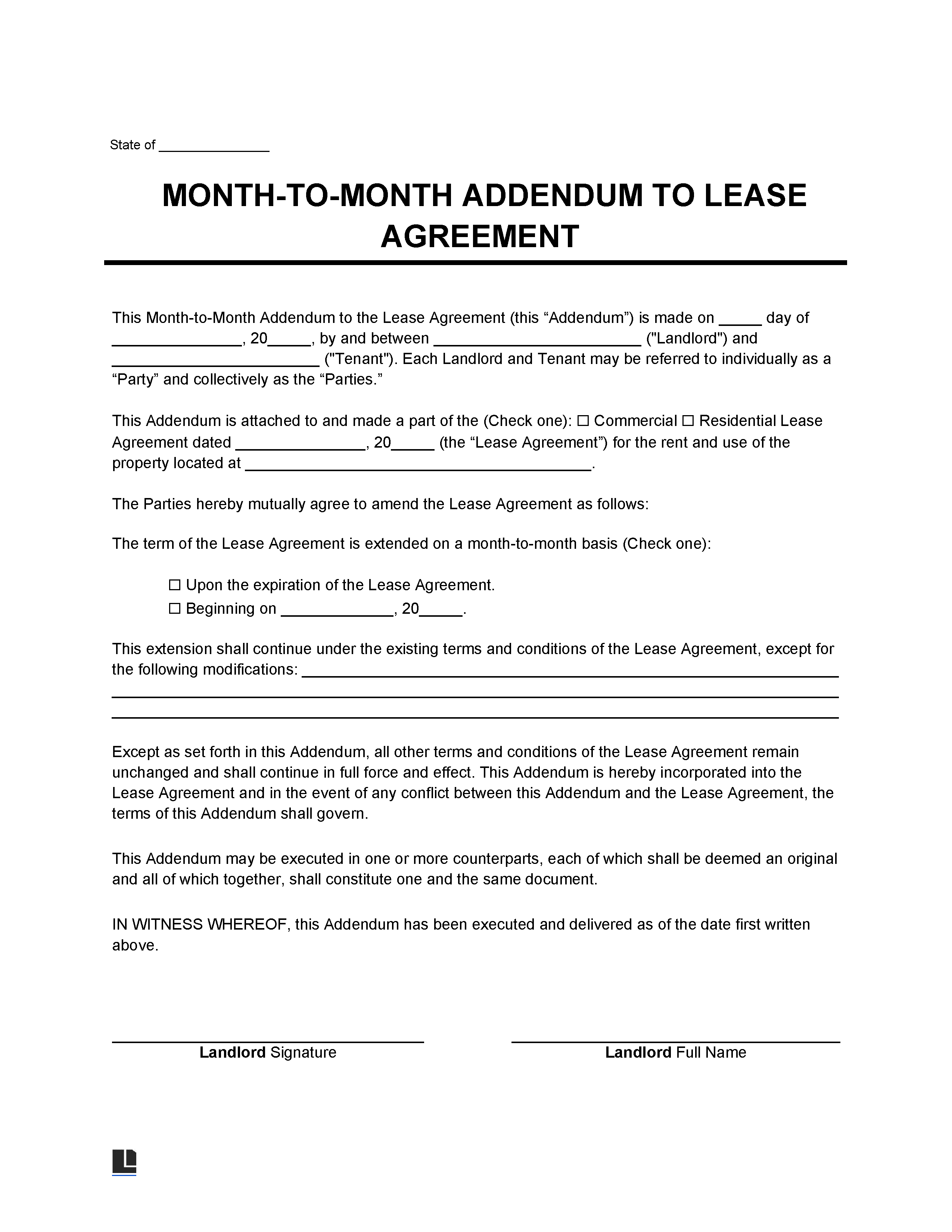 Month-To-Month Lease Agreement Addendum Template