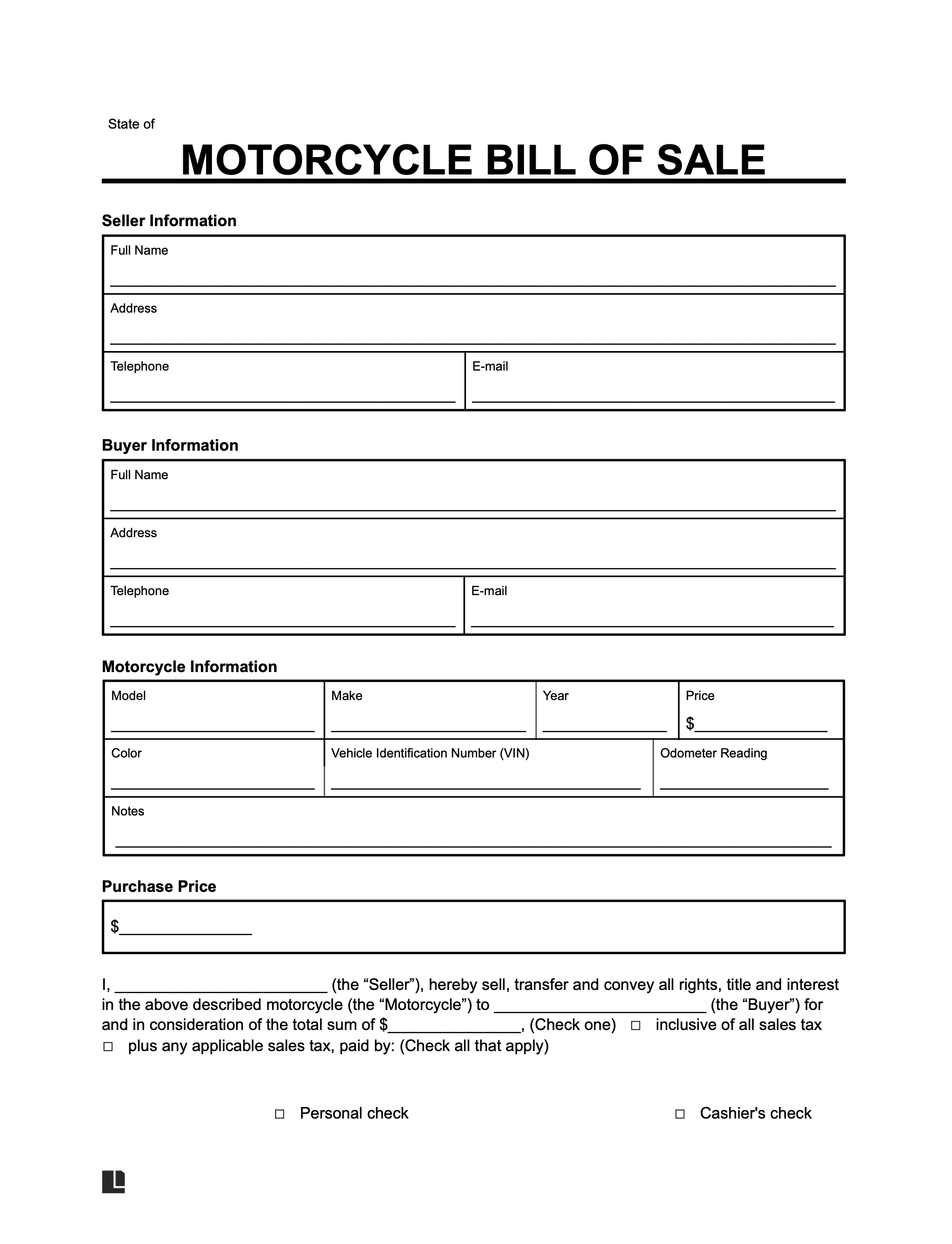 motorcycle bill of sale form
