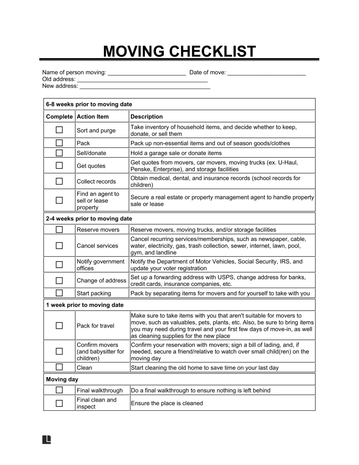 Free Moving Checklist Template | PDF & Word | Legal Templates