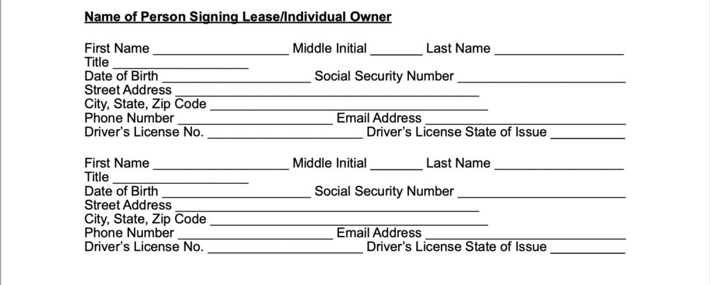 name of person signing lease for for commercial rental application