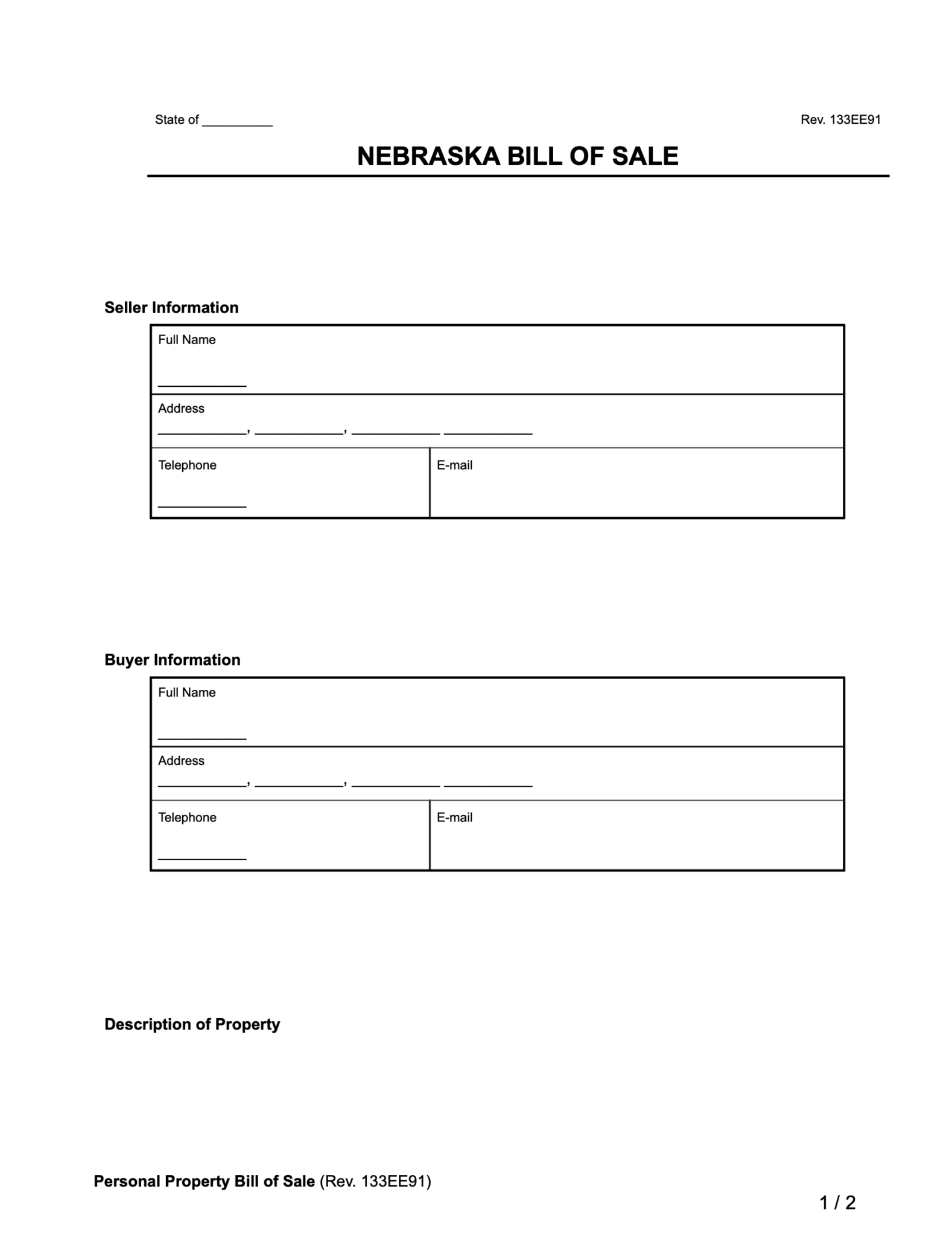 Free Nebraska Bill of Sale Forms PDF & Word Legal Templates