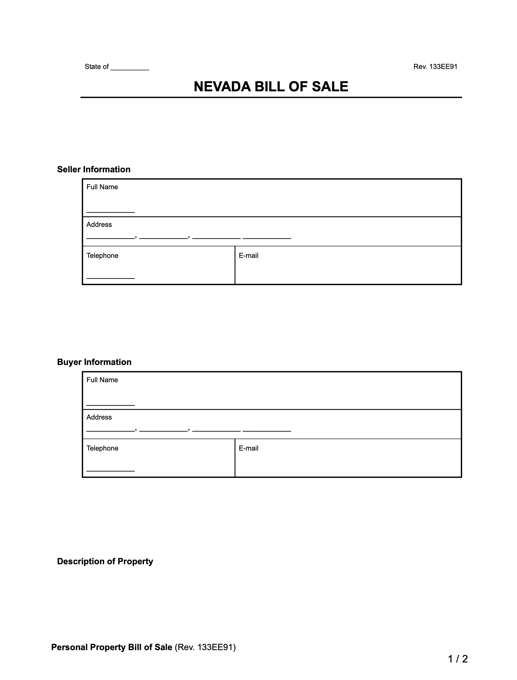 Nevada Bill of Sale Form