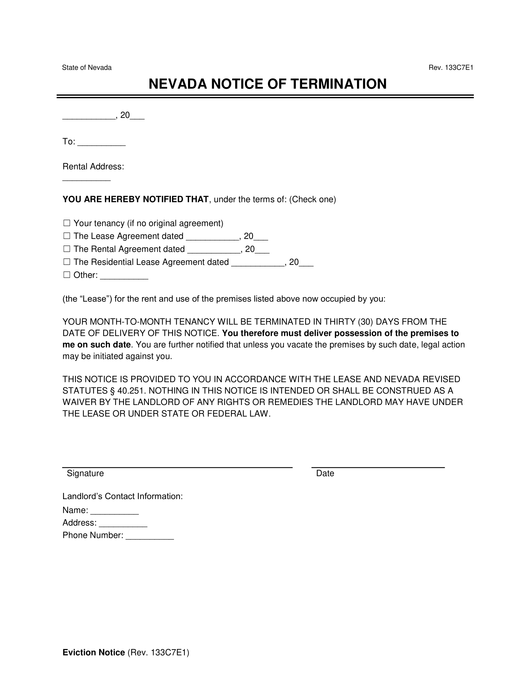 Nevada 30-Day Lease Termination Letter