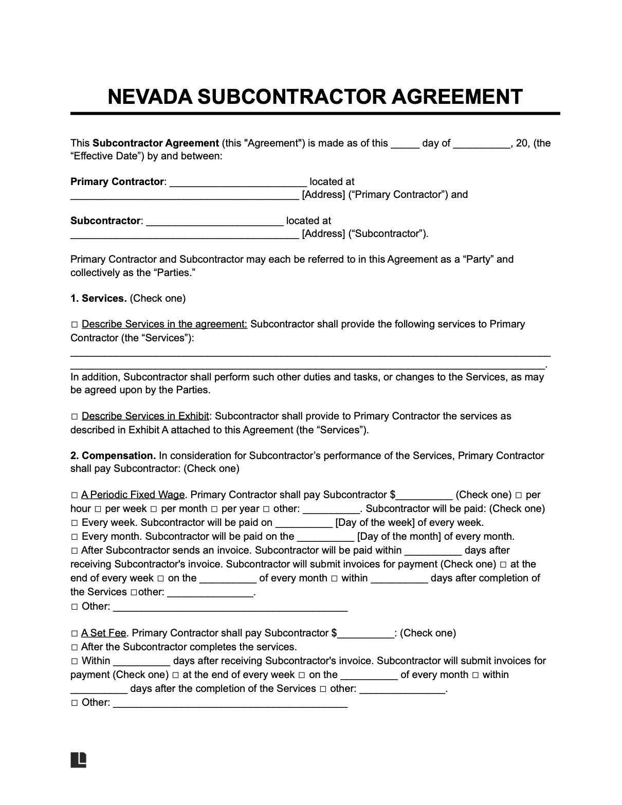 nevada subcontractor agreement template